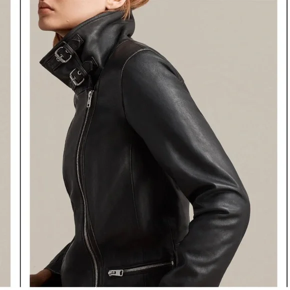 AllSaints Bales Leather Biker Jacket Black Lamb Leather Asymmetric Zip – US 0 - Picture 1 of 10